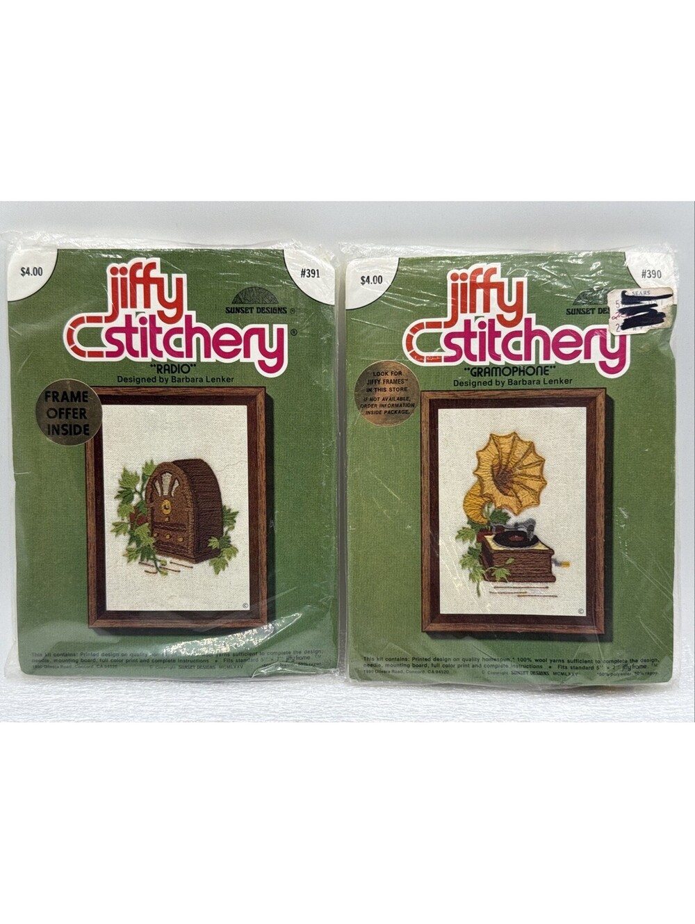 Sunset Designs Jiffy Stitchery Radio #391 & Gramophone #390 Embroidery Kits 1975